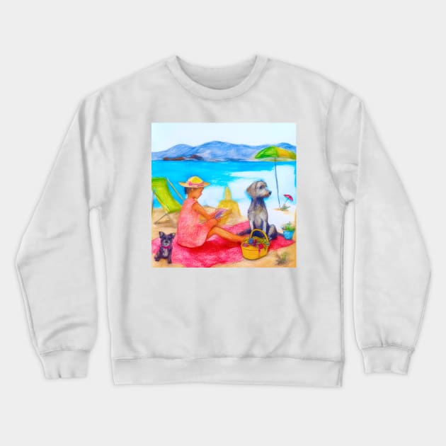 Girl and dogs on the beach, pencil drawing Crewneck Sweatshirt by SophieClimaArt